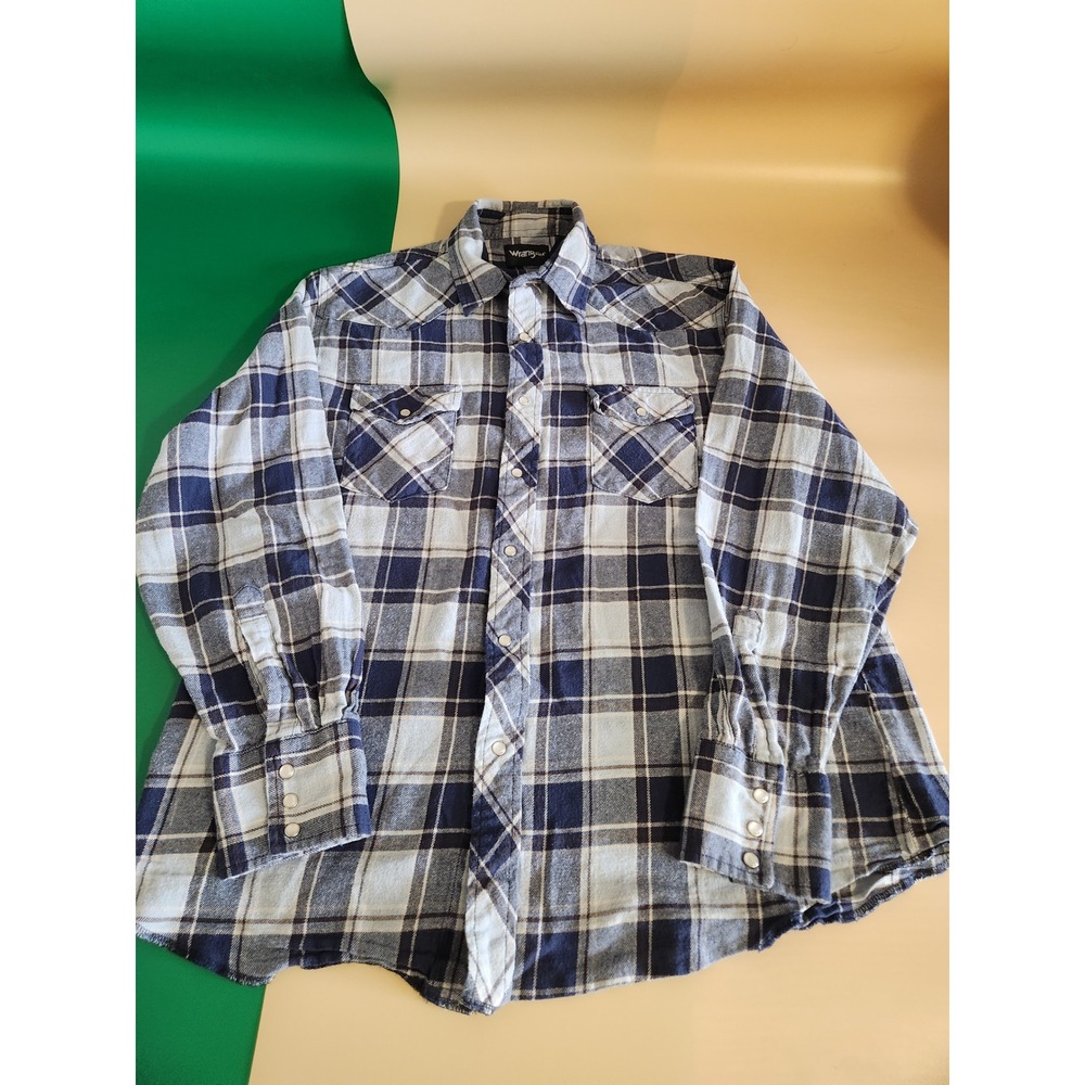 Wrangler Flannel Shirt Mens XL Blue Plaid Western Pearl Snap Cotton 75098AA
